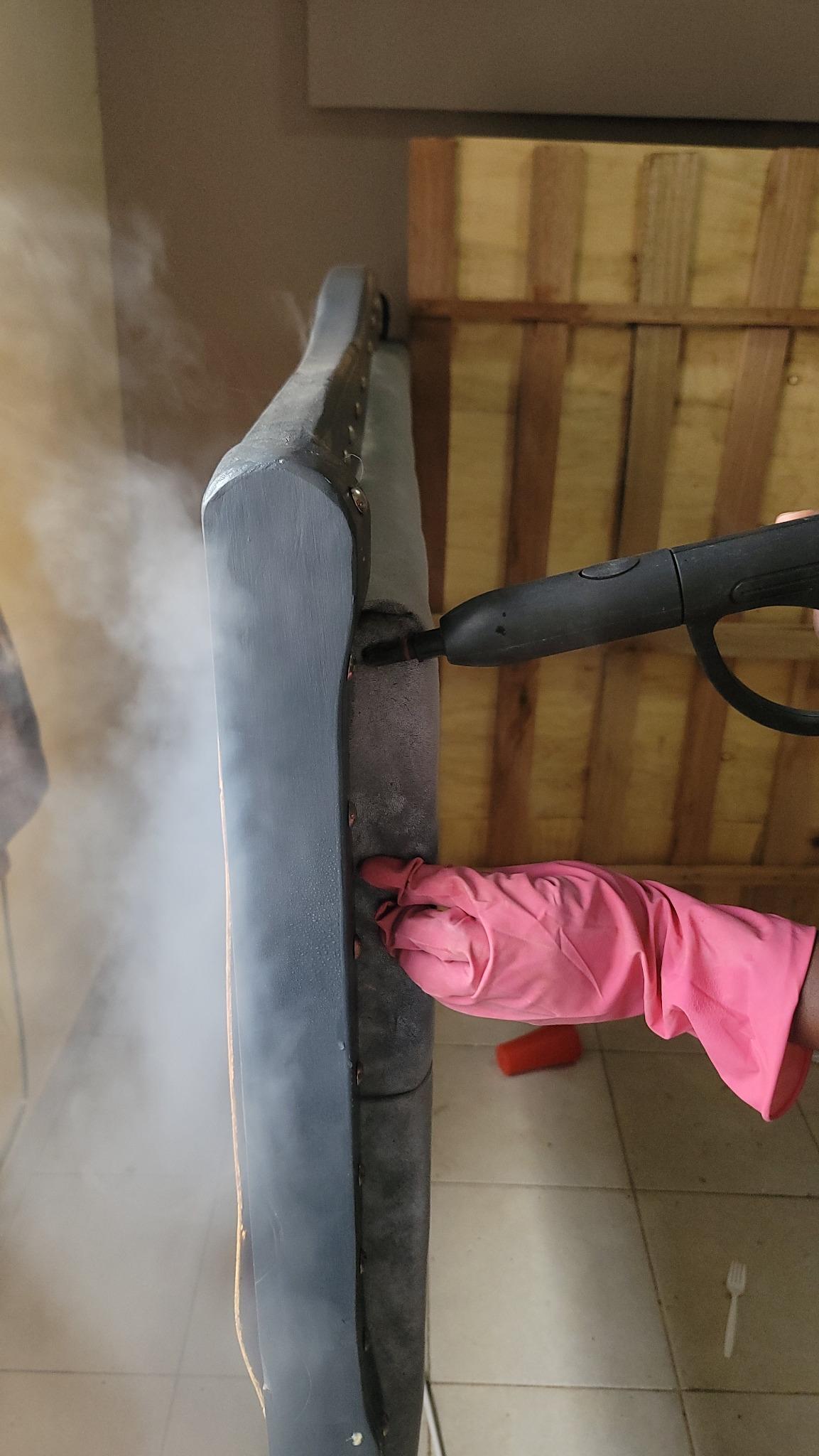 Targeted steam treatment along upholstered headboard seams.